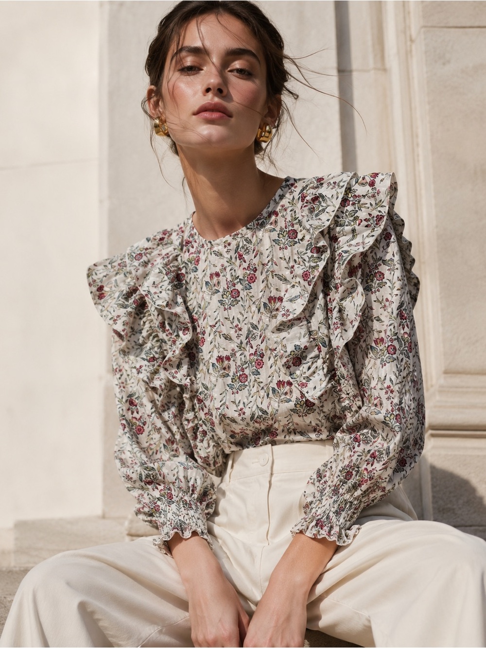 LOFT Petite Floral Ruffle Blouse SP Ivory Cottagecore Boho Peasant